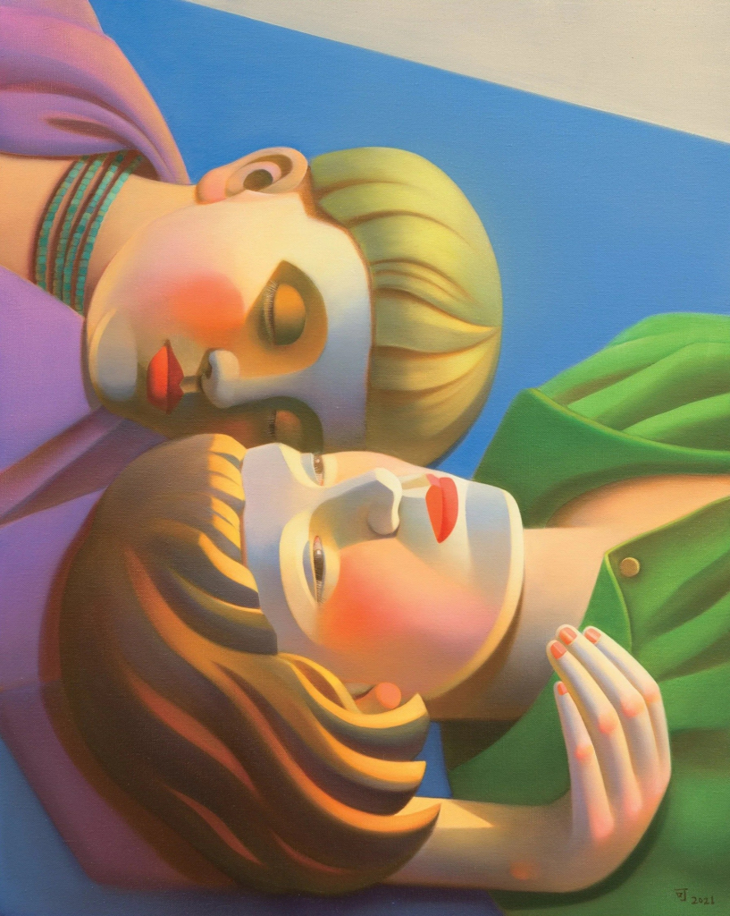 Painting in a bold style of a close-up of two white women with short haircuts, lying head to head on a blue rug in resting poses