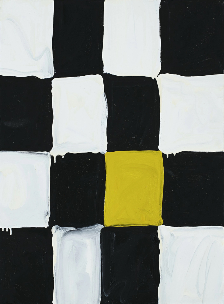 Painting of a slightly messy black and white grid with one yellow square