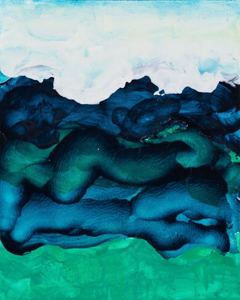 Abstract painting of loose, rounded forms in blue and green, resembling a landscape