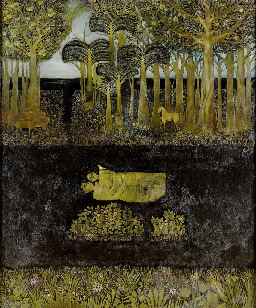 Painting in a black and yellow-green palette, depicting two figures wrapped in gauze and buried underground beneath an idyllic forest