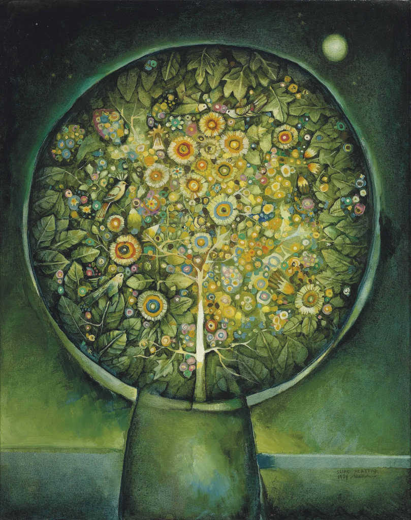 Painting of a large standing circular structure holding flowers and leaves jumbled around a central tree stem, in a green and yellow palette