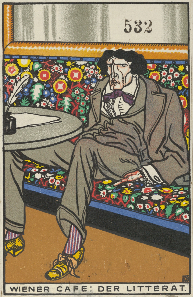 Illustration of a white man in a suit slumped in a floral patterned booth next to a circular table with paper and inkwell