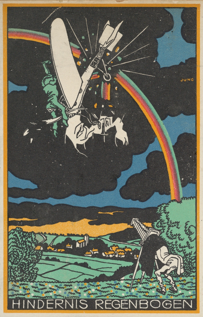 Illustration of a figure under the cloak of an early camera photographing a plane coming apart in the sky, breaking through a rainbow against a black clouded sky