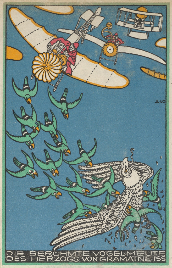 Illustration of planes swooping in from the upper edge behind a flock of green birds flying down to attack a large white bird of prey