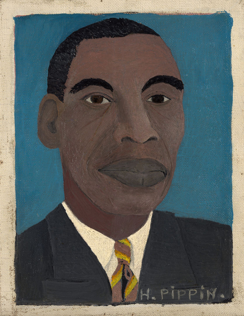 Self-portrait painted in a bold, somewhat simplified style of a Black man in a suit looking directly at the viewer