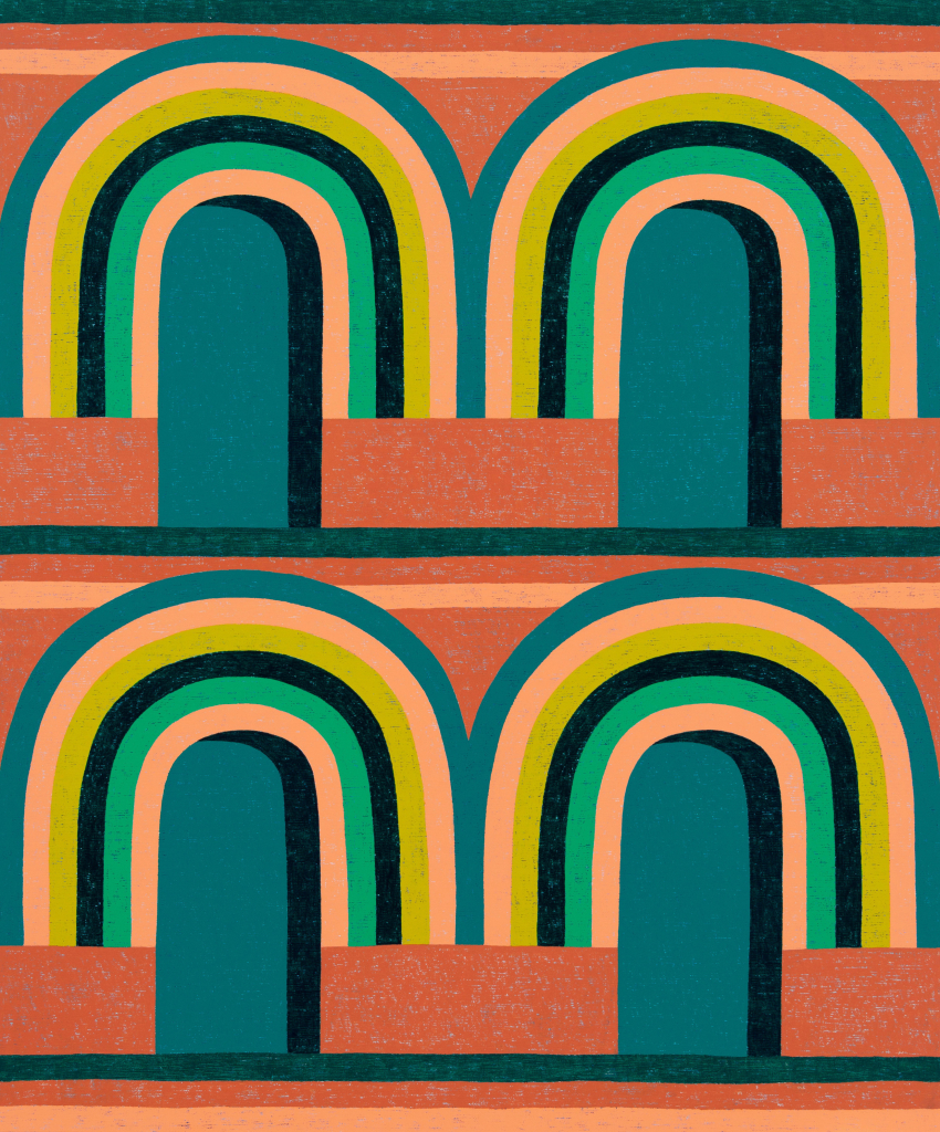 Abstract composition of four curving portals made up of neat lines in green and peach tones, arranged in a grid