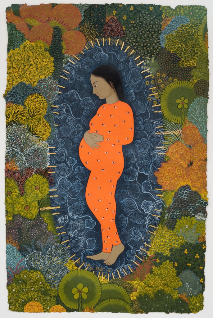 Painting of a young pregnant Southeast Asian woman in an orange jumpsuit sanding within a blue oval surrounded by lush foliage and greenery