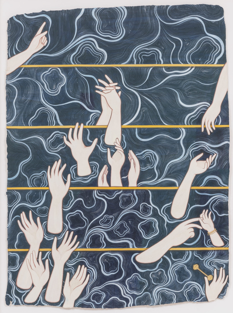 Painting of many white hands erupting from dark swirling waters, making different gestures