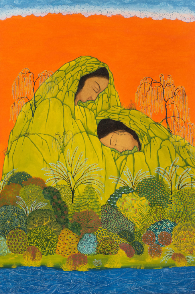 Painting of two women leaning against one another, encased in green rock so they resemble mountains, with green foliage and trees at their base next to a swirly blue lake