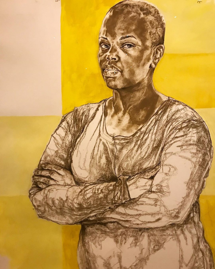 Portrait in a sketchy style of a Black woman with short hair wearing a loose long sleeved shirt, looking seriously at the viewer with arms folded, against a yellow background