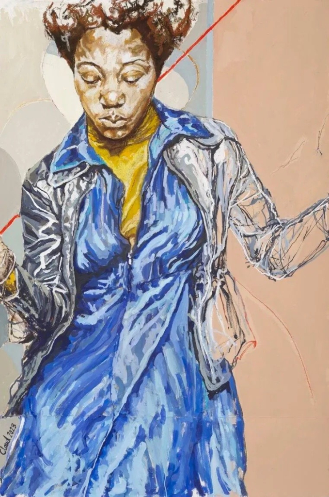 Portrait of a Black woman in loose brushstrokes, wearing a blue dress and light jacket, posing with her face looking down and arms partly up as if dancing