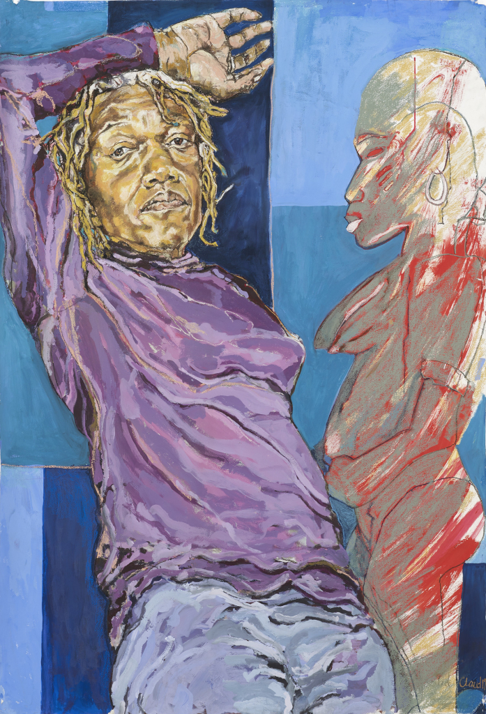 Painting of a Black figure with blonde hair wearing a purple top, leaning against a blue wall with arm above their head, next to a red and brown African sculpture