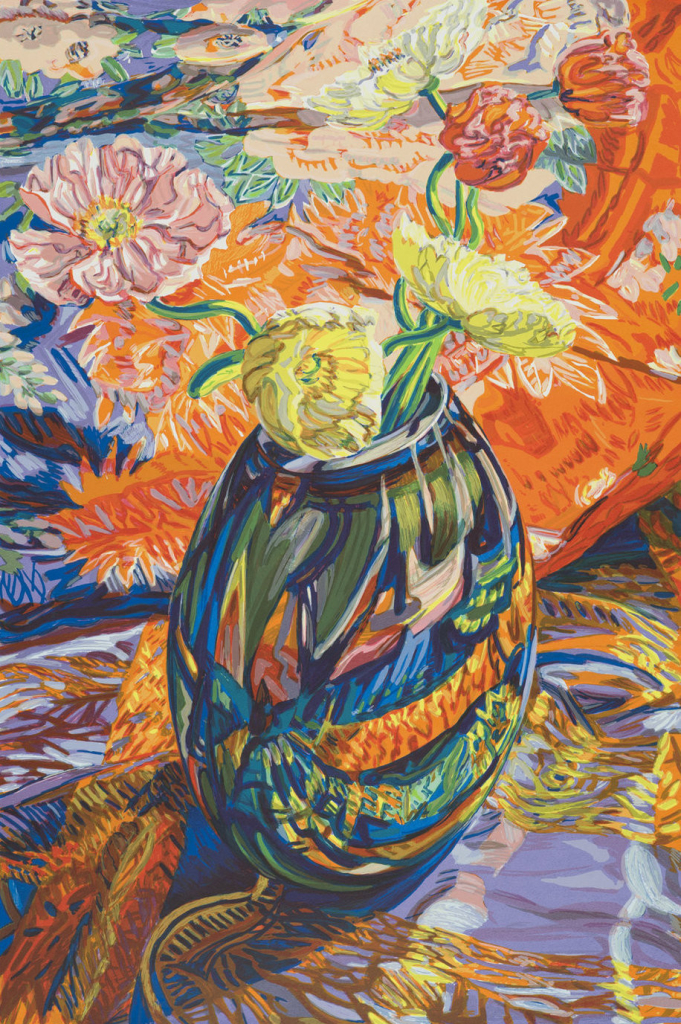 Screenprint of a glass vase with yellow and pink flowers, sitting on a brightly colored patterned textile