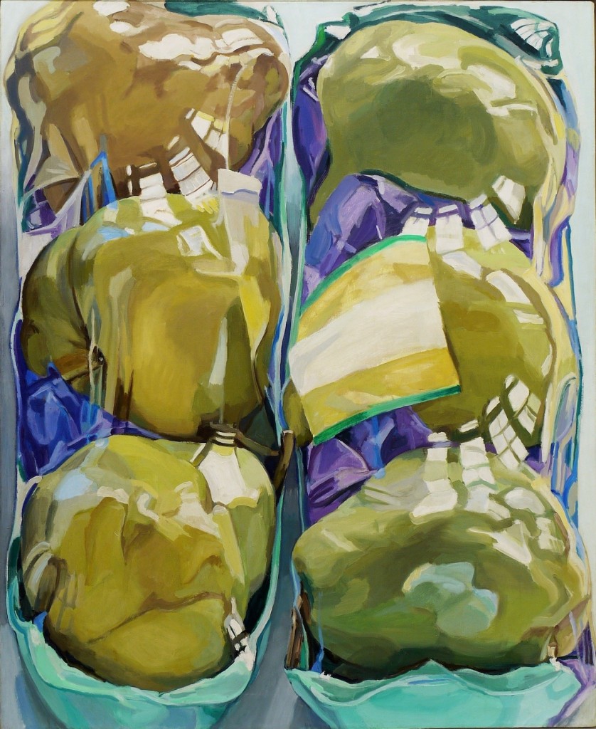 Painting of a half-dozen green apples in a shrink-wrapped container