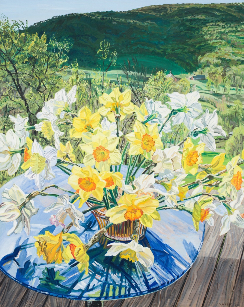 Painting of a vase full of daffodils on a glass table, on an outside wooden deck with rolling green hills in the background