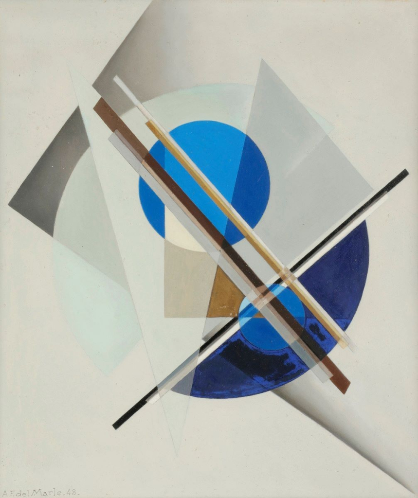 Abstract painting with geometric shapes in white, brown, and blue