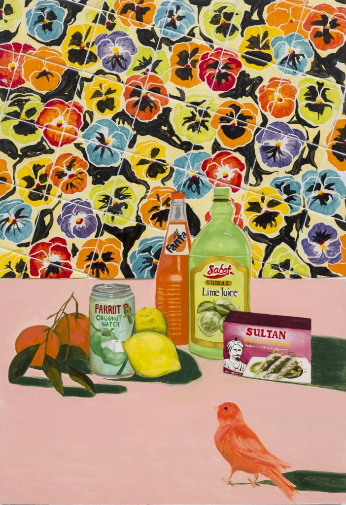 Still life painting of a grouping of branded bottles along with fresh fruit, against a floral tile background. A small orange bird looks on from the lower right corner