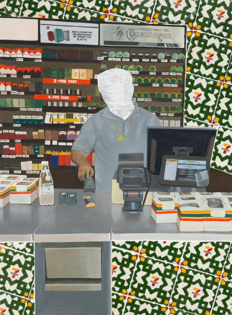 Painting of a cashier scanning items at a convenience store counter, with a wall of cigarette boxes behind him overlapping with a diagonal tile pattern using the 7-Eleven logo in its design