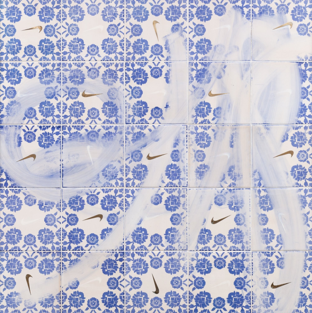 Painting of a blue and white tile pattern with the Nike swoosh in the design, and elegant white swooping lines overlaying parts of the image