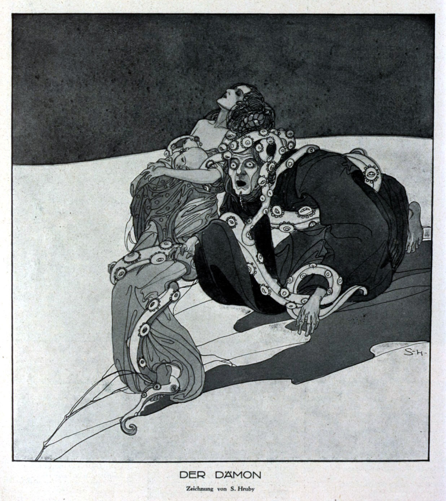 Black and white illustration of a shrouded sea creature wrapping tentacles around a woman holding an infant