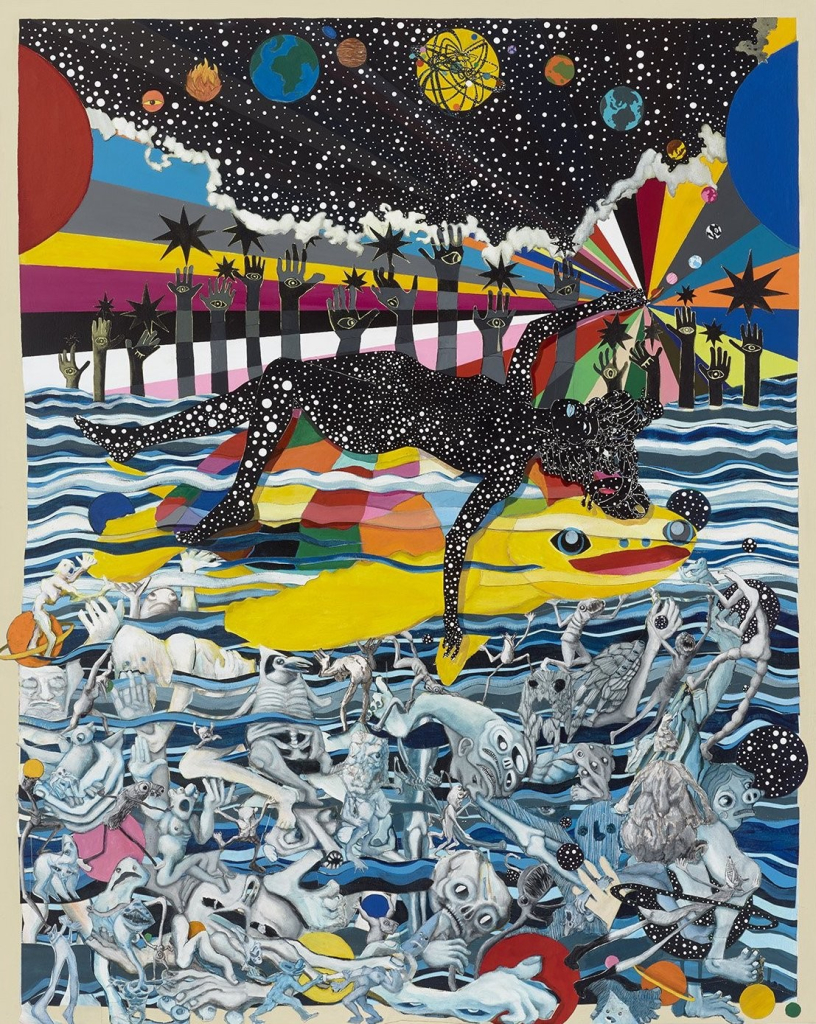 Painting of a black figure covered in white dots lying above an expanse of blue water filled with amorphous creatures and a bright yellow turtle-like creature, under a starry sky flanked by outstretched hands with eyes in their palms