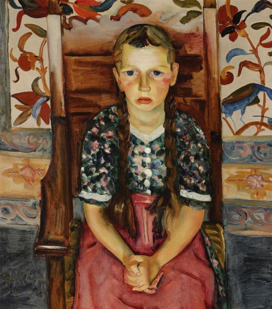 Painting of a young white girl with pigtails, sitting in a wooden chair with her hands folded on her lap and a serious expression on her face. The wall behind her is decorated with floral patterns