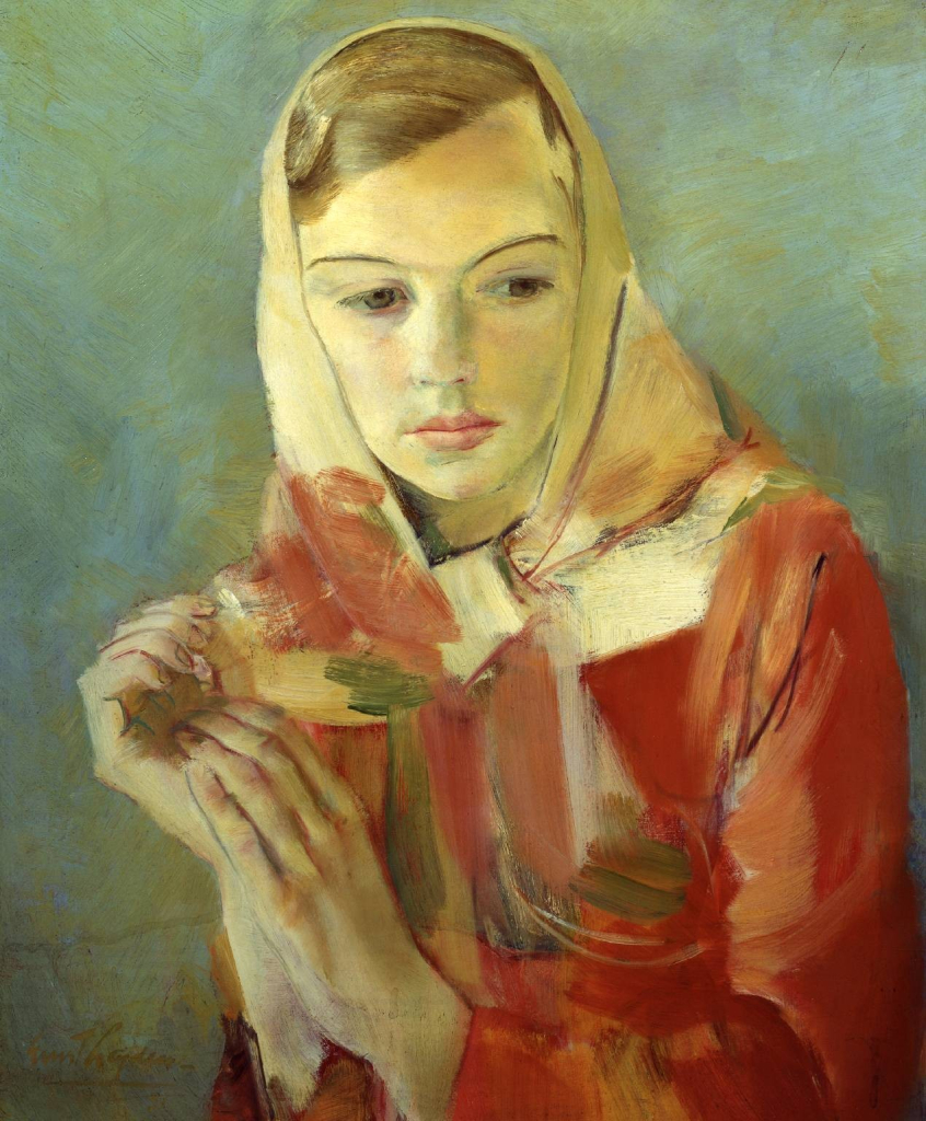 Portrait of a young white woman with light brown hair and strong thin eyebrows, wearing a headscarf and red jacket and holding her hands up near her shoulder