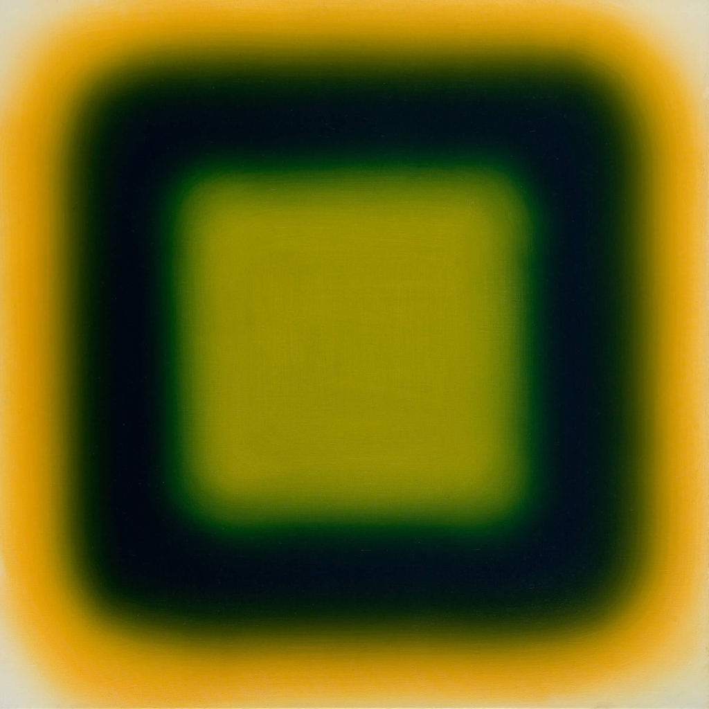 Painting of a blurry square in green and yellow shades