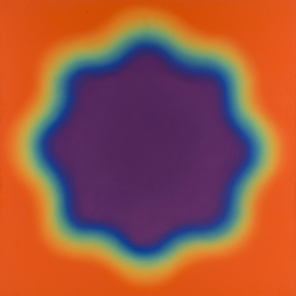 Painting of a blurry purple circle with wavy edges outlined in blue, green, and yellow, against an orange background