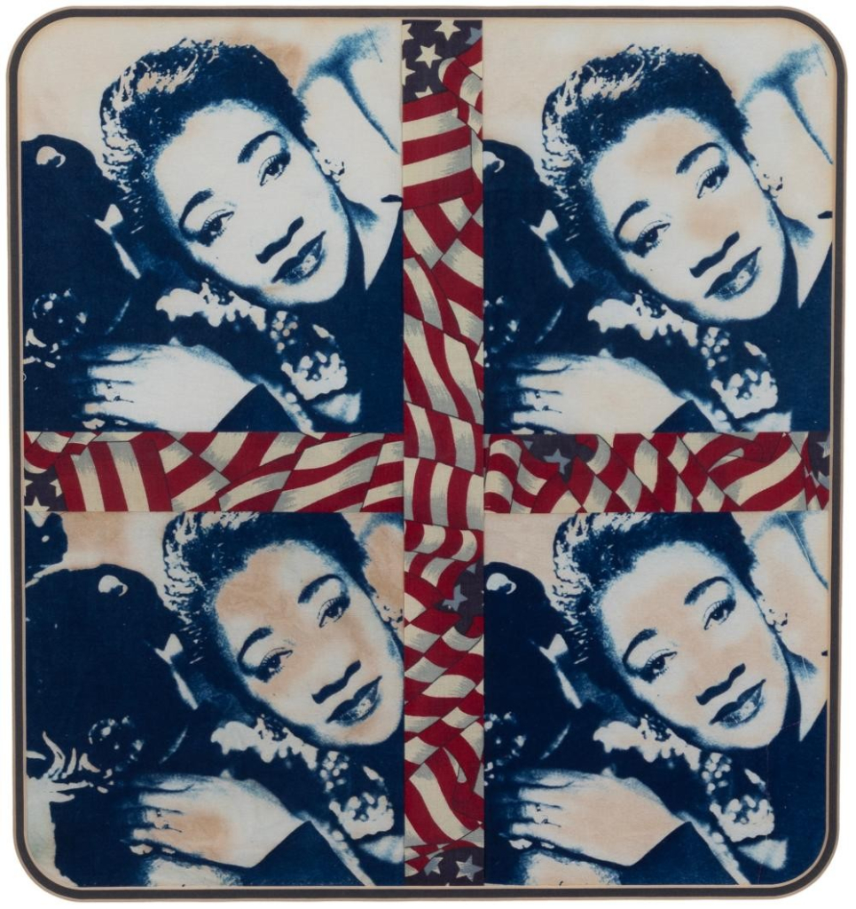 Collage of a cyanotype portrait of a Black woman repeated in a grid, with a cross of a folded/cut-up American flag in the center