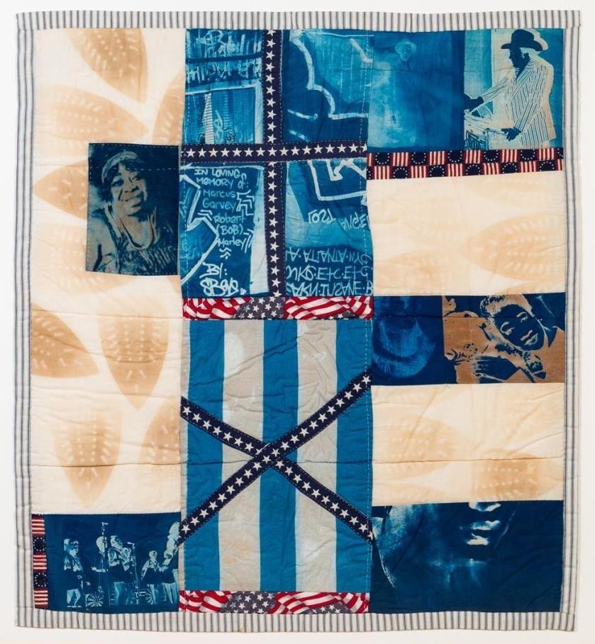 Mixed media work with various fabrics and printed cyanotype images of Black figures