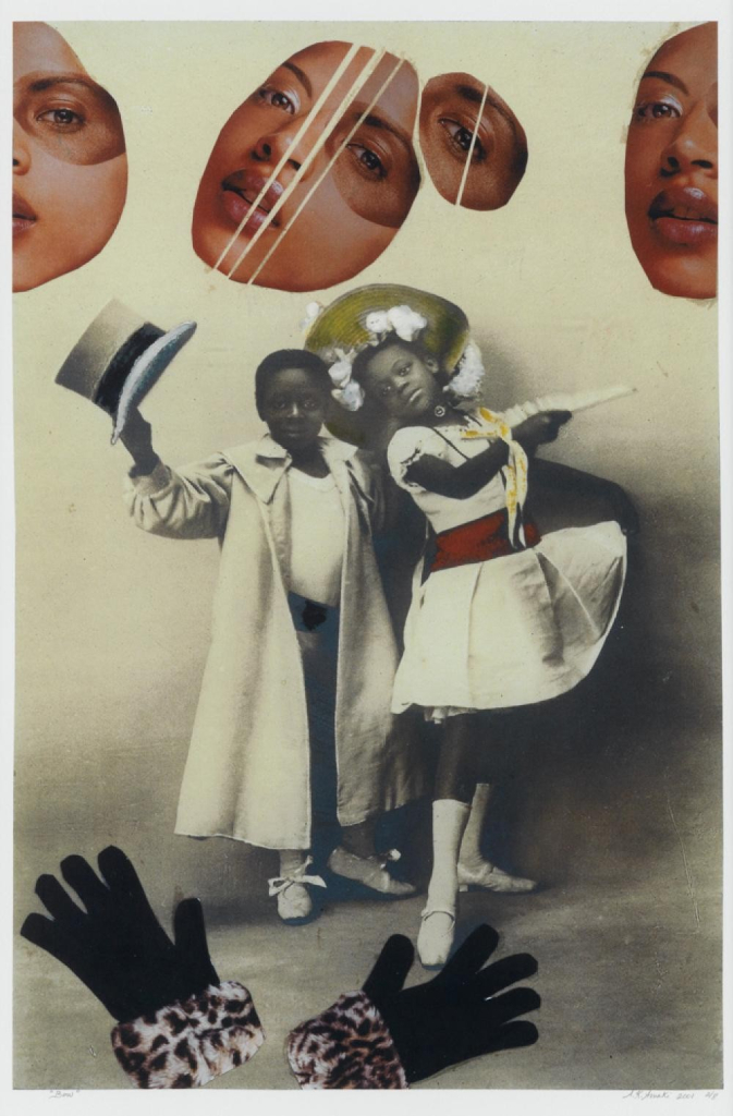 Paper collage with a black and white image of two young Black children posing theatrically in the center, overlaid with some color images of Black female faces from advertising/fashion photography and a pair of black fur gloves with fingers spread open