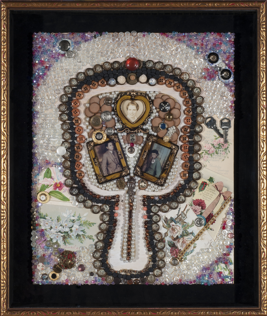 Mixed media collage of buttons, beads, paper ephemera, and vintage photos of a Black man, a Black woman, and a white woman above them