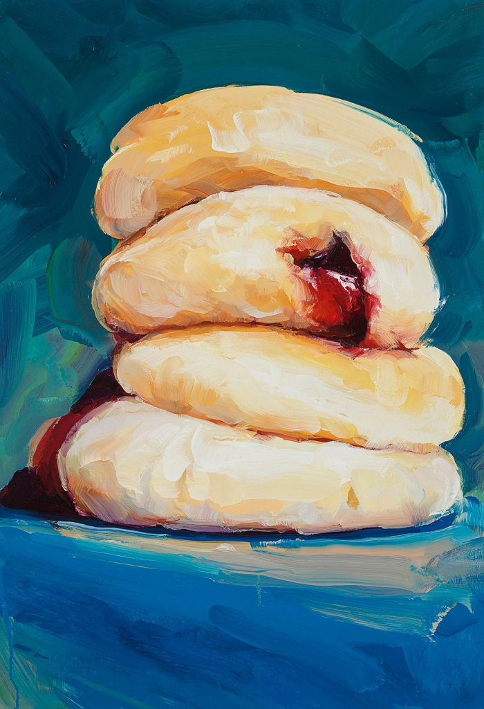 Still life painting of a stack of four jelly donuts against a turquoise background, one is leaking jelly