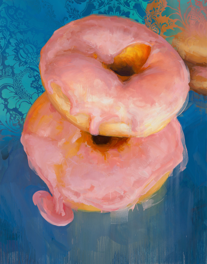 Painting of two stacked pink frosted donuts, sitting on a turquoise surface with a delicate floral pattern