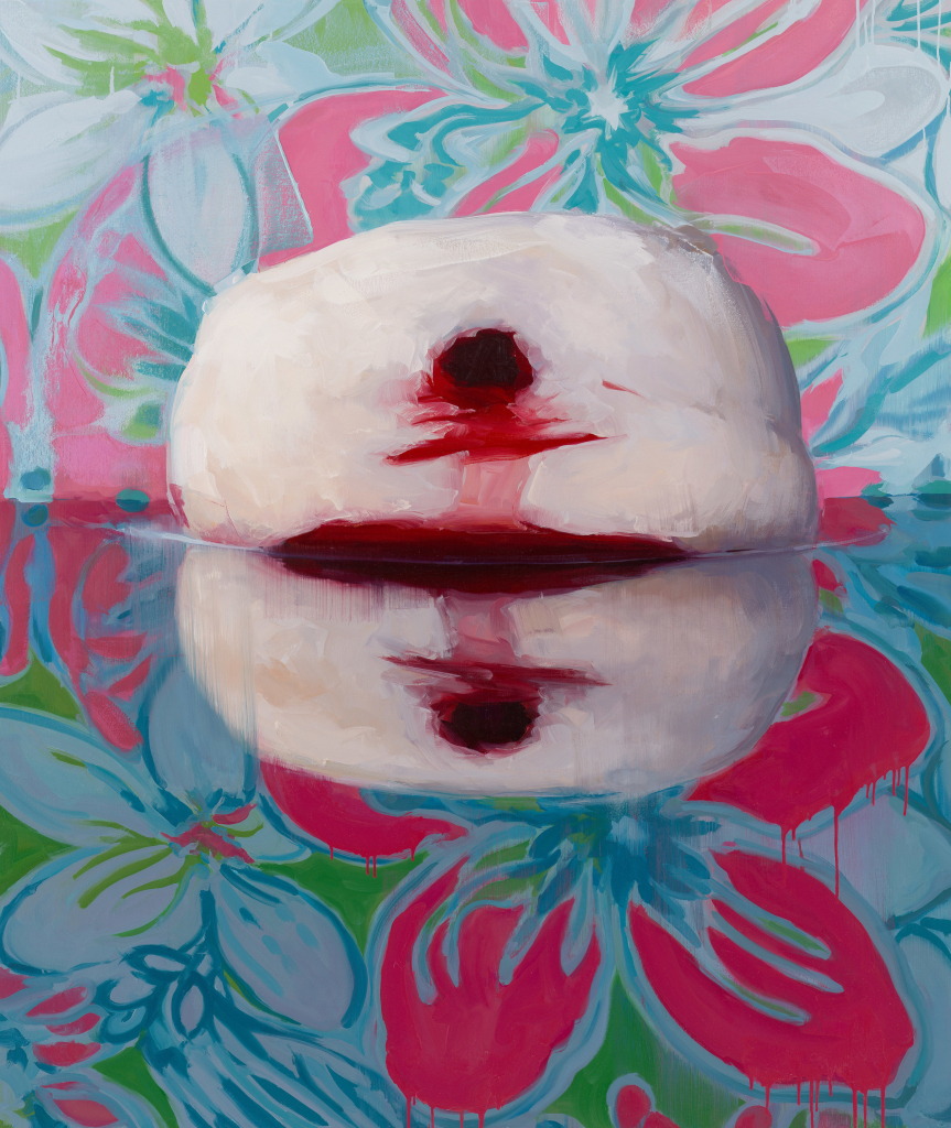 Painting of a jelly donut leaking red jelly, sitting on a reflective surface against a playful floral pattern background