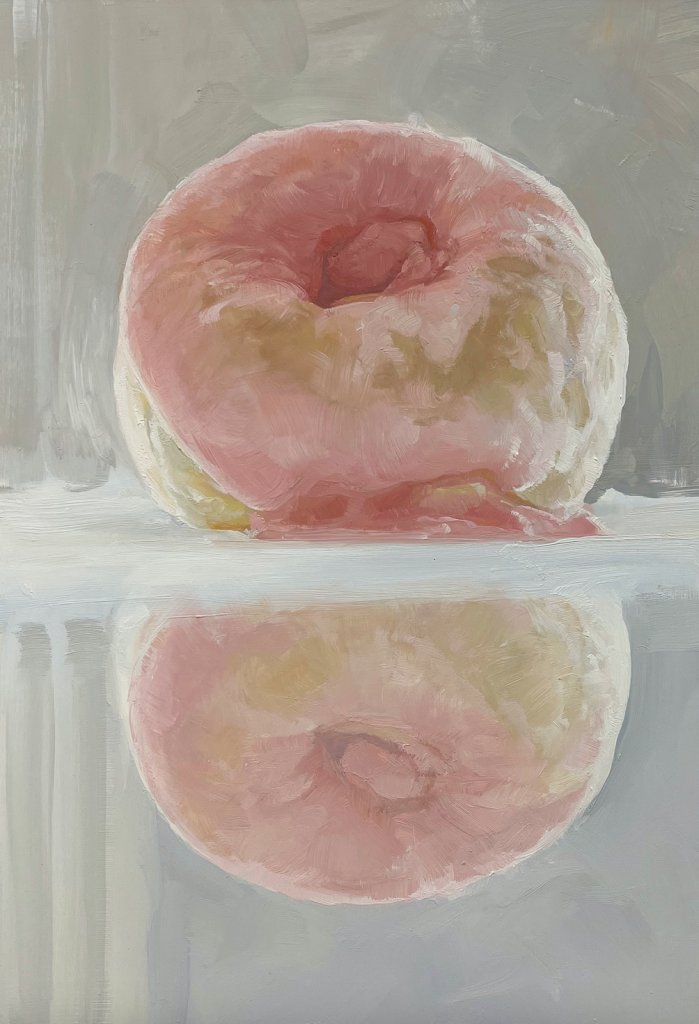 Painting of a pink frosted donut sitting on a reflective surface