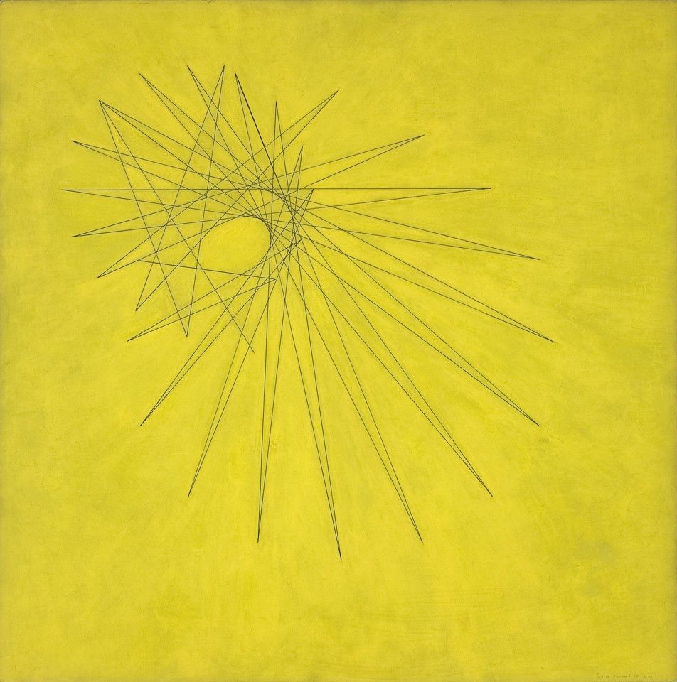 Abstract painting of triangular outlines on a bright yellow field