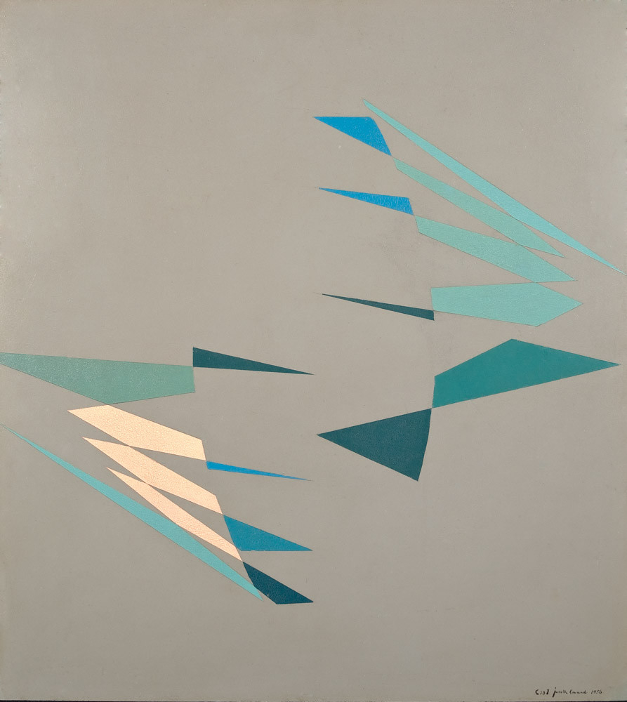 Abstract painting of blue and teal triangle shapes on a gray background