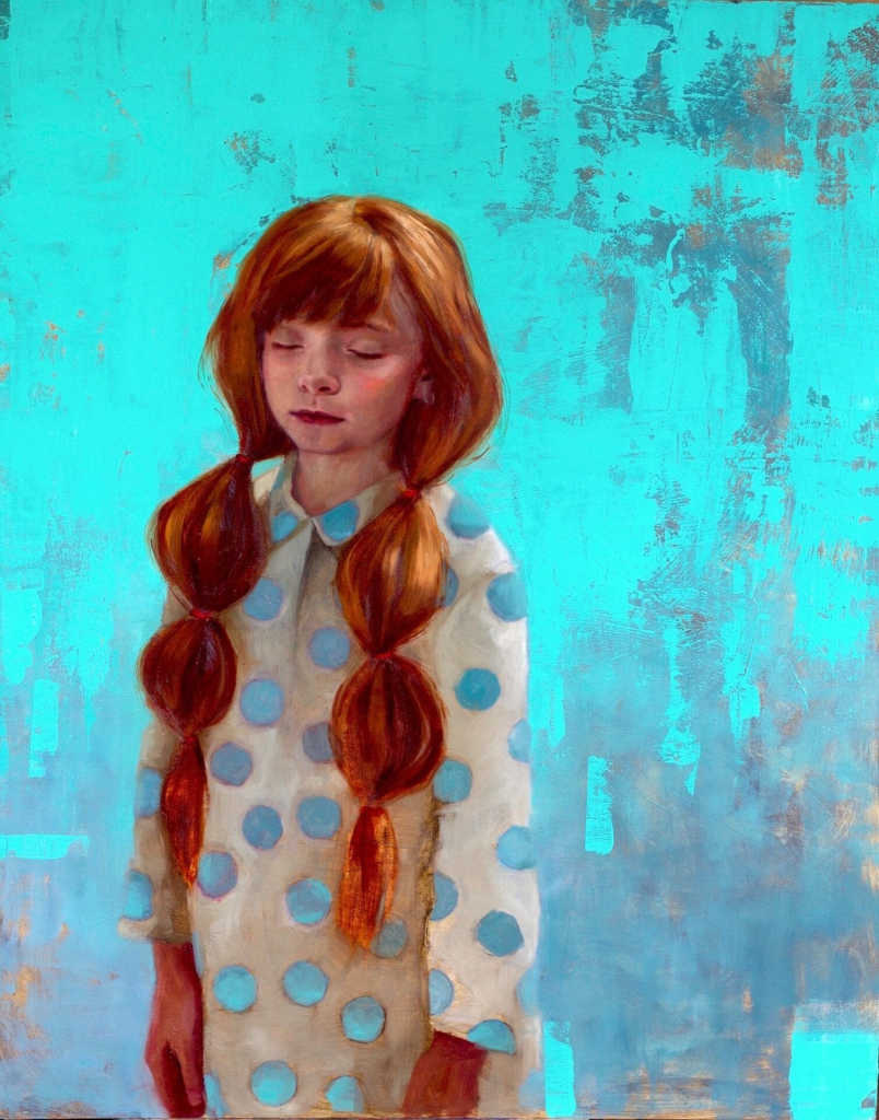 Painting of a white girl with long red hair in pig tails wearing a polka dot dress against a bright blue background, her eyes closed and arms at her sides