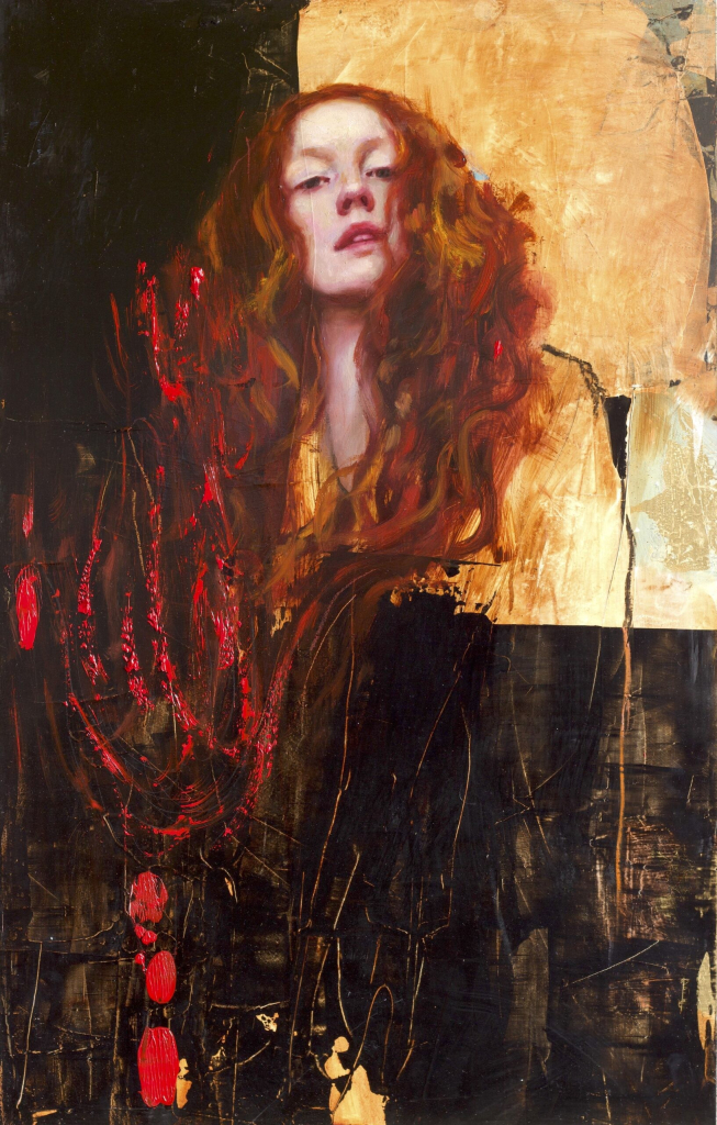 Painting of a young white woman with long red hair surrounded by black, gold, and red abstract flourishes