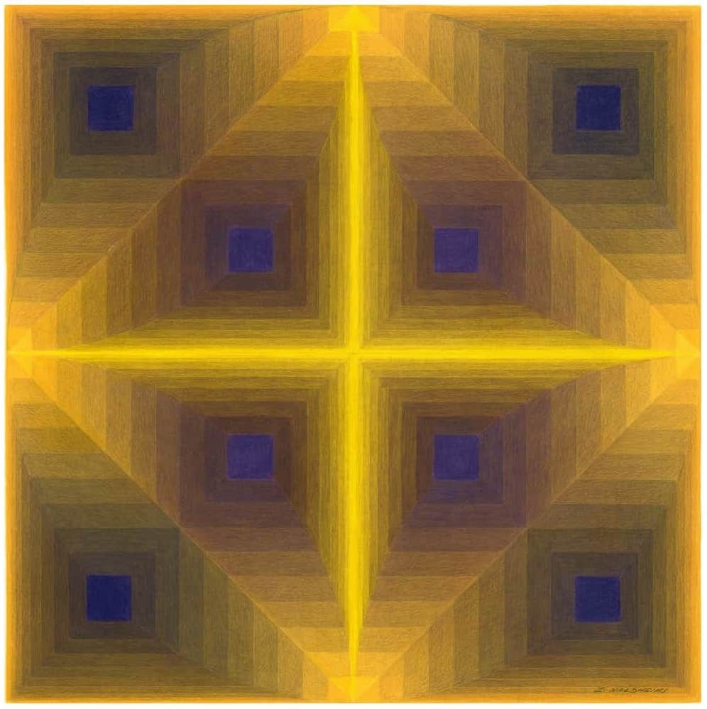 Square abstract drawing of symmetrical yellow cross within a diamond within a circle, composed of subtle gradient squares in gold and purple