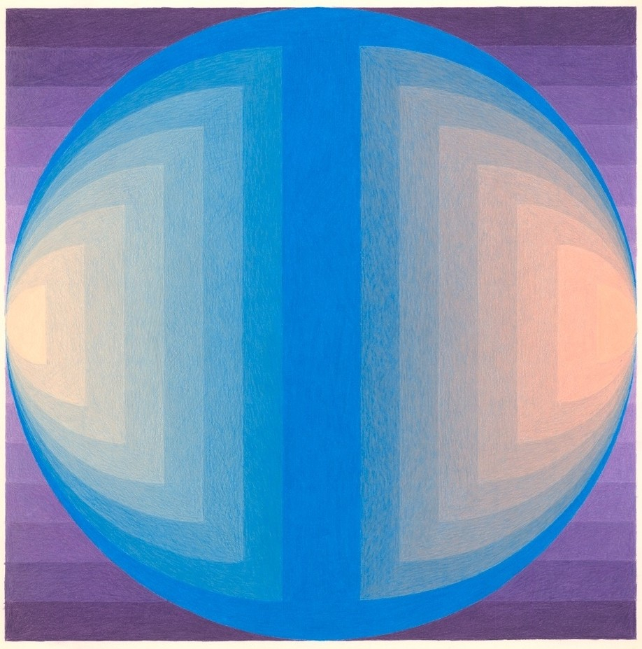 Square abstract drawing of a symmetrical circle with a blue line down the middle and blue gradient forms moving outward into white, against a purple gradient background