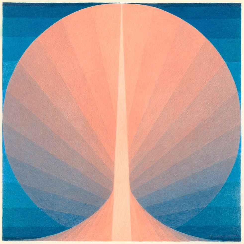 Square abstract drawing of a pale pink spire in the center, circle form composed of gradient pink into blue lines, against a blue background