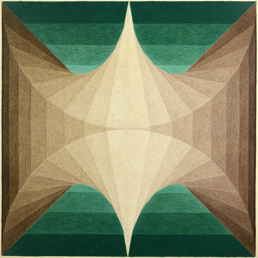 Square abstract drawing of two mirrored, curving beige forms with central points, against a striped green background