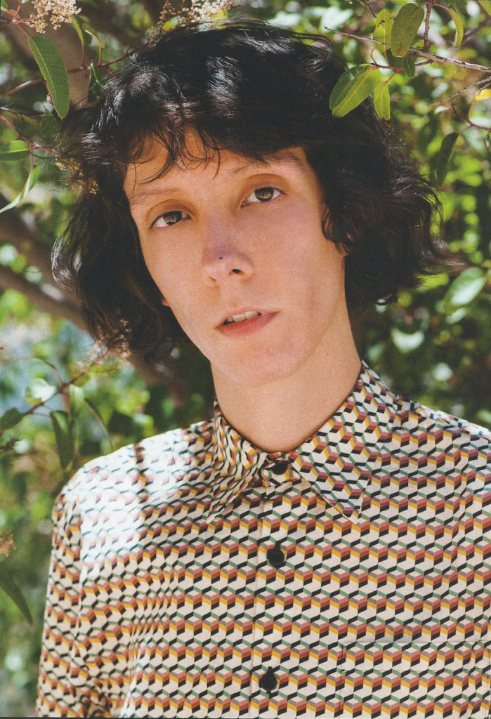 Portrait of a young white trans person with chin-length dark curly hair and a 70s-style patterned collared shirt, with foliage in the background