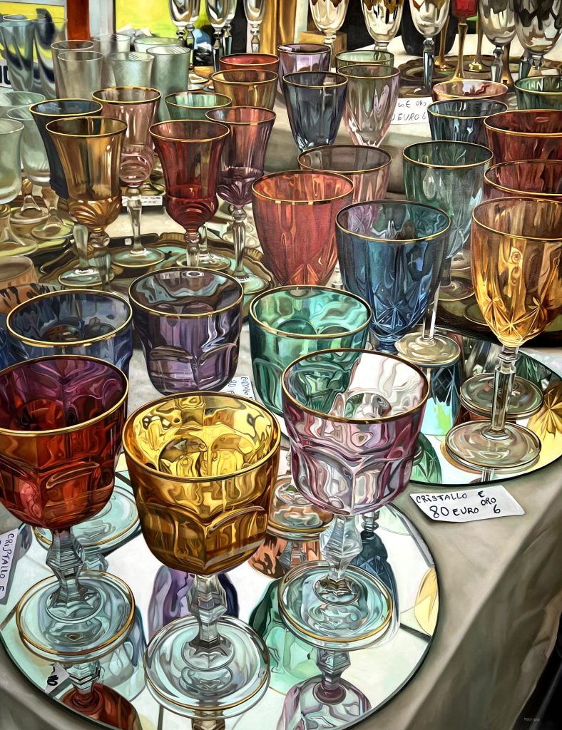 Hyperrrealistic painting of assorted colored glasses spread across a long table  in a flea market setup with prices in euros, on mirrored plates