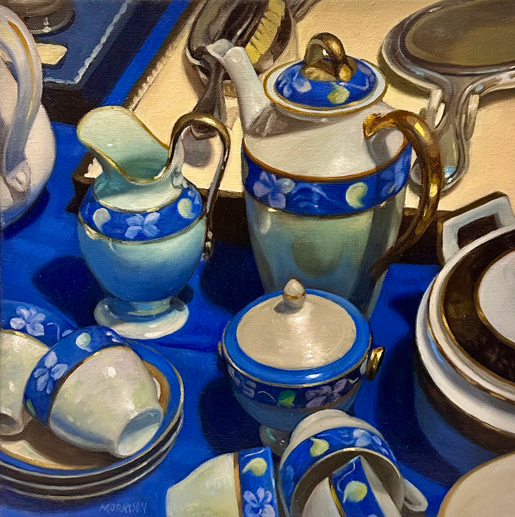 Hyperrrealistic painting of assorted blue and white porcelain serving vessels in closeup on a blue surface