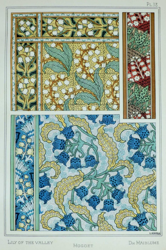 Floral print of different stylized flowers inside three rectangular frames