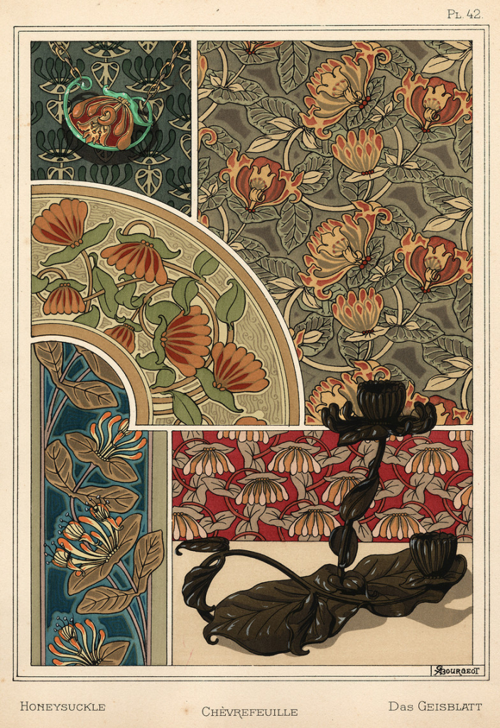 Floral print of different stylized flowers inside several inset frames, with an arch shape in the left-hand center, and a three-dimensional image of a metal floral candlestick overlaid at the lower right corner